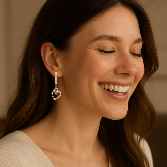 Vrouw met een stralende glimlach draagt roségouden oorbellen met hartjes en kristallen – elegante en stijlvolle look.