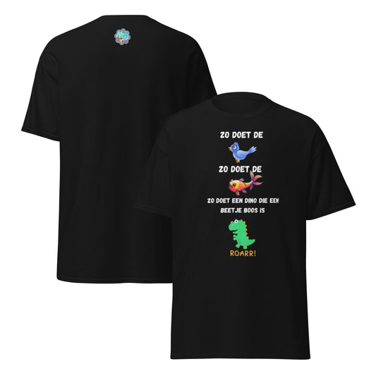 T-shirt "Zo doet de vogel, zo doet de vis, zo doet een dino die beetje boos is!" - jvrmonkeydesign
